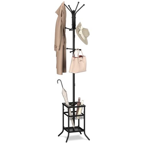Black Yoobure Freestanding Coat Rack with Umbrella Holder, 12 Hooks, Modern Entryway Stand