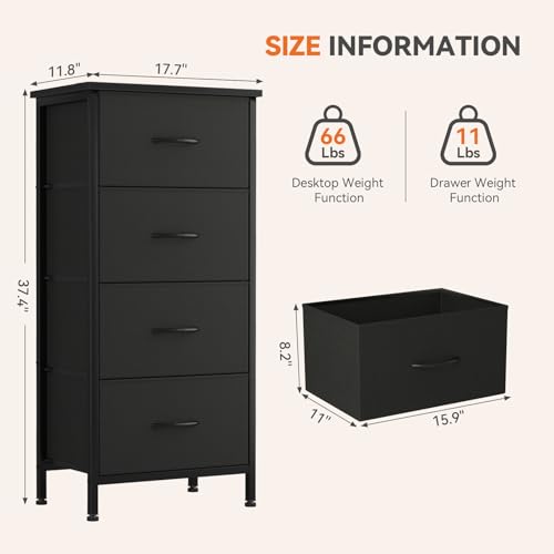 Black 4-Drawer Nightstand - Tall Bedroom Dresser with Removable Fabric Bins (11.8"D x 17.7"W x 37.5"H)
