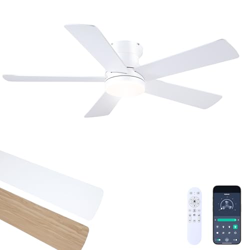 48-Inch White Ceiling Fan with Light and Remote - Low Profile Flush Mount