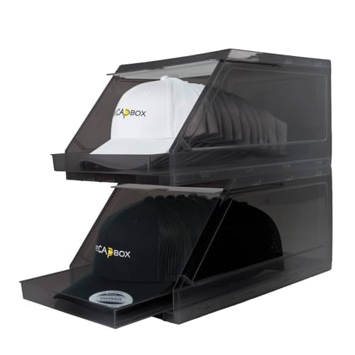 Clear Hat Organizer for Baseball Caps - Stackable & Sliding Tray Storage - Black Transparent