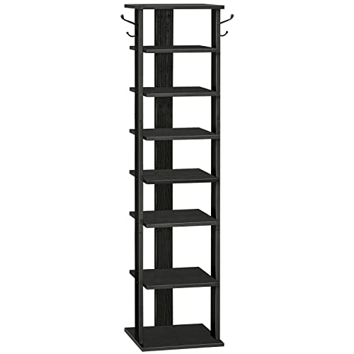Black 8-Tier Vertical Shoe Rack with Hooks, Space Saving Shoe Organizer