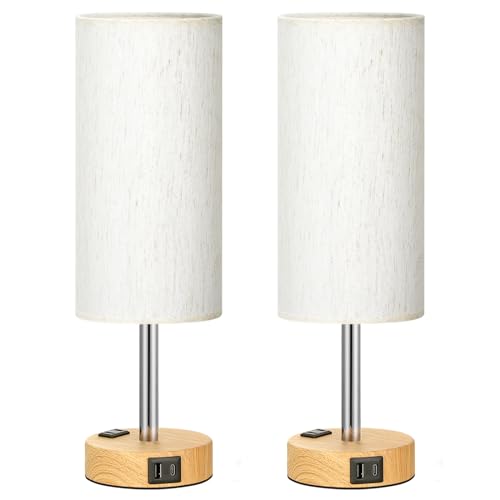 Fenmzee Cream Wood Grain Bedside Table Lamp Set of 2 - Dimmable Touch with USB A+C & Outlet