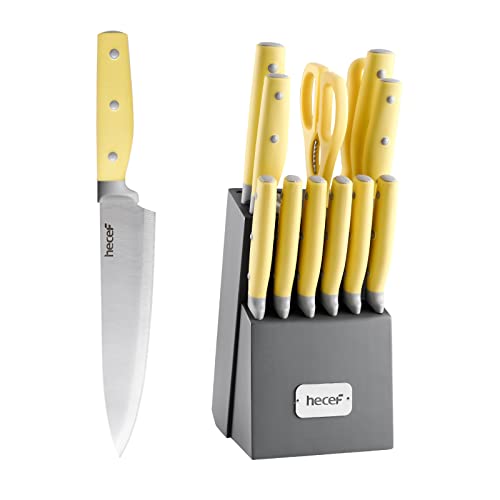 14-Piece Kitchen Knife Set with Pine Wood Block - Yellow Handle