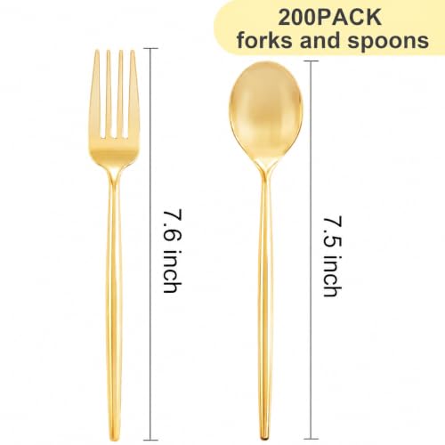 Gold Plastic Forks and Spoons Set - Heavy Duty Disposable Silverware 200 pcs
