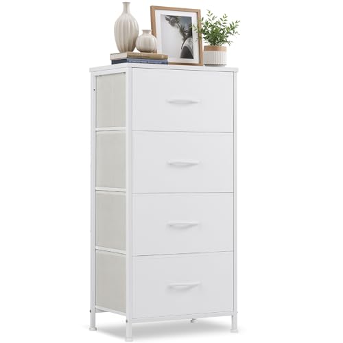 White Fabric Drawer Dresser with Wooden Top - 4 Drawers, 11.8"D x 17.7"W x 37.4"H