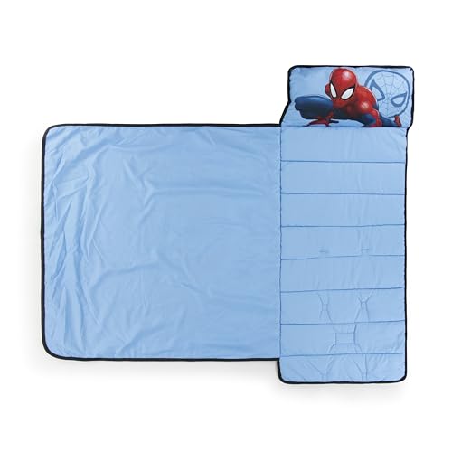 Blue Spiderman Kids Nap Mat with Embedded Pillow & Blanket – Toddler Travel Bed