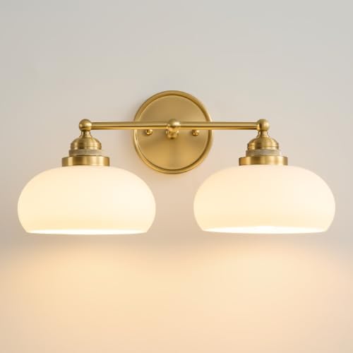 Vintage Milk Glass Wall Sconce - 2 Lights Antique Brass Bathroom Vanity Light - Antique Brass Variation