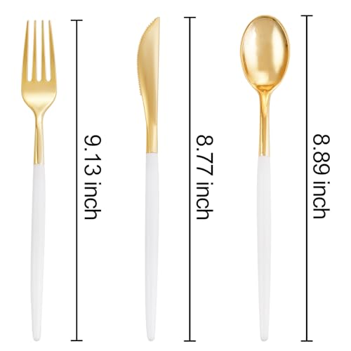 300 Pcs Gold Plastic Silverware Set with White Handles - Disposable Flatware