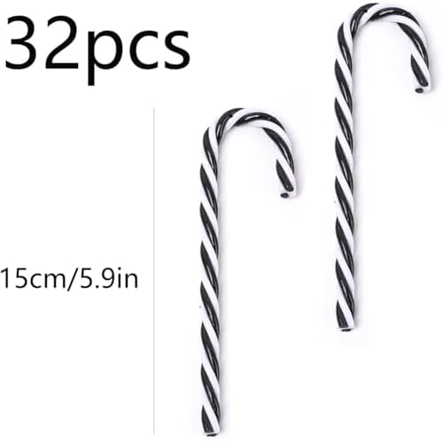 32pcs Christmas Candy Cane Ornament Plastic Christmas Tree Hanging Ornament Twisted Black and White Crutch Candy Canes for Xmas Home Christmastree Decoration(15cm No Hole)
