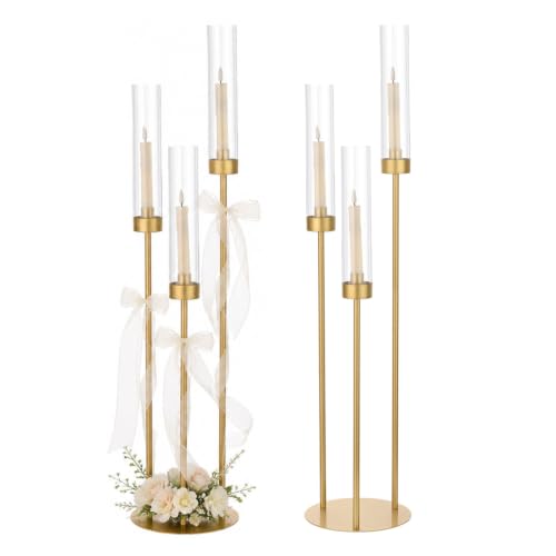 Vincidern 34in 2-Pack Gold 3-Arm Candelabra Centerpieces for Tables (Gold, 2 pcs)