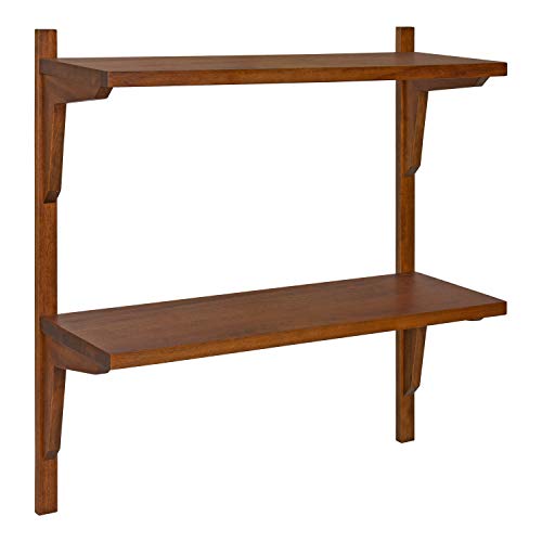 Walnut Mid-Century Wall Shelf - 24x8x24 Inch Double Tier Storage & Display
