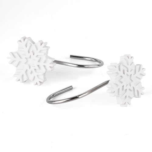 Christmas Shower Curtain Hooks,12pcs White Snowflake Shower Curtain Rings Resin Rust Resistant Winter Christmas Decoration for Bathroom Bedroom and Living Room