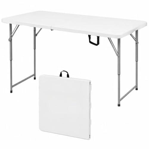 White 4ft Heavy Duty Folding Table - Adjustable Height Portable Plastic Indoor Outdoor
