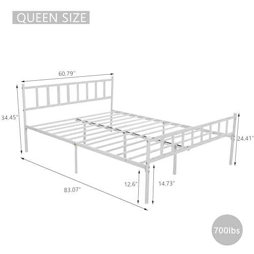 White Metal Platform Bed Frame Queen Size with Headboard - WJORATA