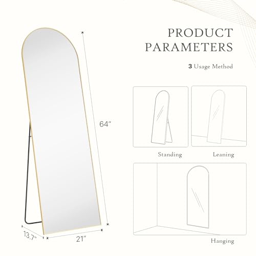 HAPPYMONT Gold Arched Full Length Mirror 64x21 Inches, Floor Standing & Wall Mountable