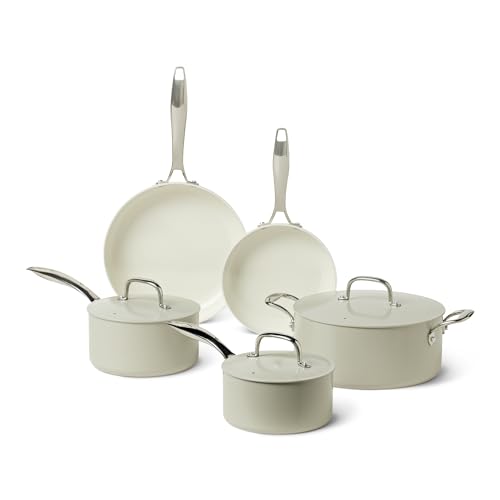 Ceramic Nonstick Cookware Set 8-Piece - Linen Gray, Oven & Dishwasher Safe, Induction Compatible