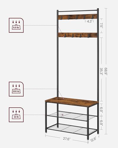 VASAGLE Rustic Brown & Black 3-in-1 Coat Rack with Shoe Storage Bench, Steel Frame