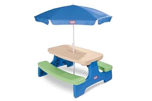 Kids Picnic Table with Umbrella - Blue/Green, 42 Inch, Foldable Outdoor Playset