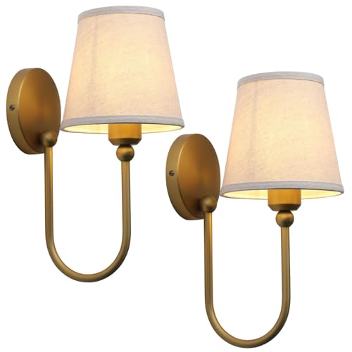 Pathson Antique Brass Linen Fabric Wall Sconces Set of 2 - Curved Arm Bathroom Vanity Lights