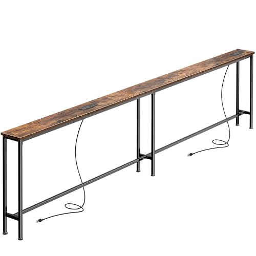SUPERJARE 102 Inch Rustic Brown Sofa Table with 2 Power Outlets & USB-C Ports - 5.9" Wide