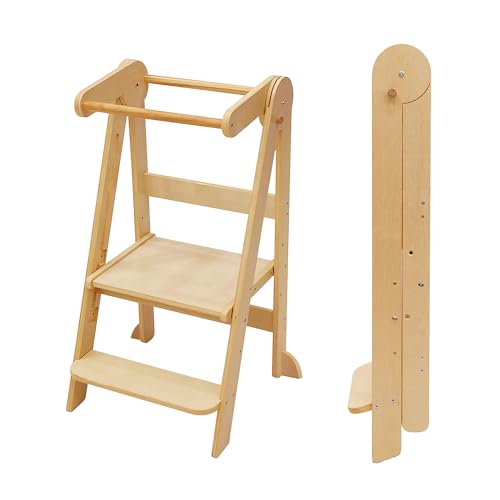 Foldable Toddler Kitchen Step Stool with 3 Adjustable Heights - Natural Wood