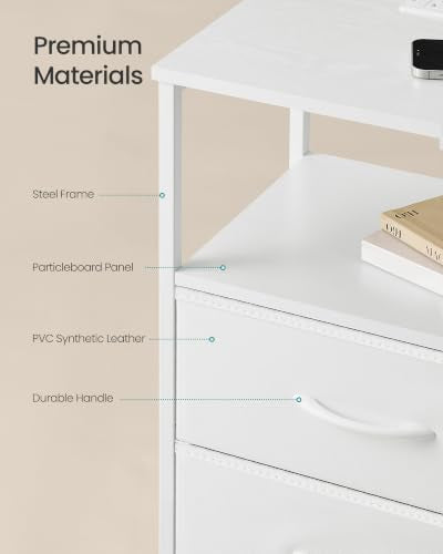 SONGMICS Nightstand with Charging Station, 3 Fabric Drawers, Cloud White & Snow White