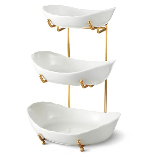 Gold 3-Tier Ceramic Fruit Basket for Kitchen Counter - Small