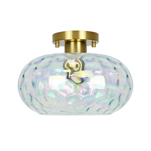 11-Inch Brass Gold Semi Flush Ceiling Light with Stained Glass Shade - Modern Close to Ceiling Fixture