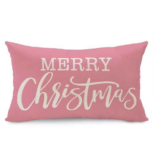DFXSZ Christmas Pillow Cover 12x20 Merry Christmas Decor Pink Throw Lumbar Pillow Cover Decorations Christmas Tree Holiday Decor Case for Home Couch YZT102B12