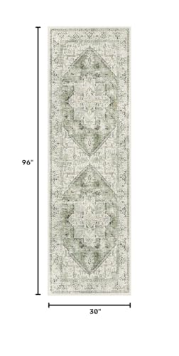 Medallion Sage Green Runner Rug - Non-Slip 2.5x8 Oriental Hallway Carpet