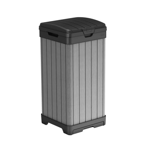 Keter Darwin Outdoor Trash Can 38 Gallon Weather-Resistant Resin Bin with Lid - Wood-Look Design