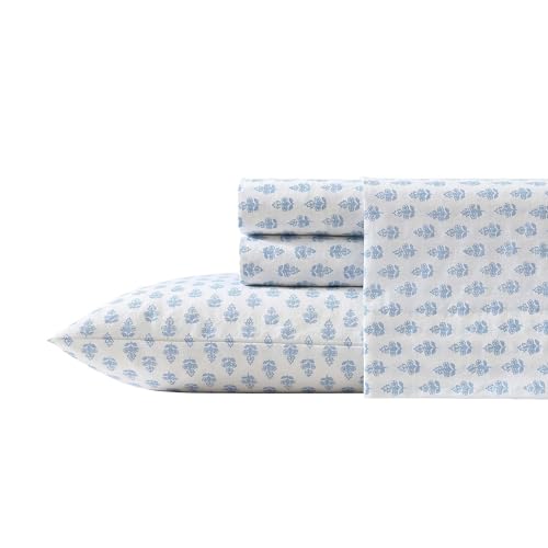 Full Size Floral Block Print Cotton Sheet Set with Deep Pocket Fitted Sheet - Francesca Blue