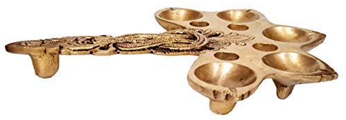 Purpledip Brass 5 Batti Aarti Deepam: Antique Handheld Oil Lamp Diya for Home Temple (12260)