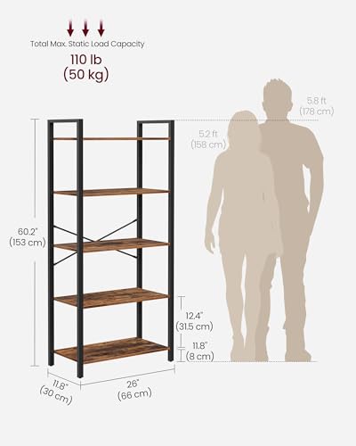 VASAGLE Rustic Brown & Ink Black 5-Tier Bookshelf - Without Back Panels, 11.8"D x 26"W, Industrial Style