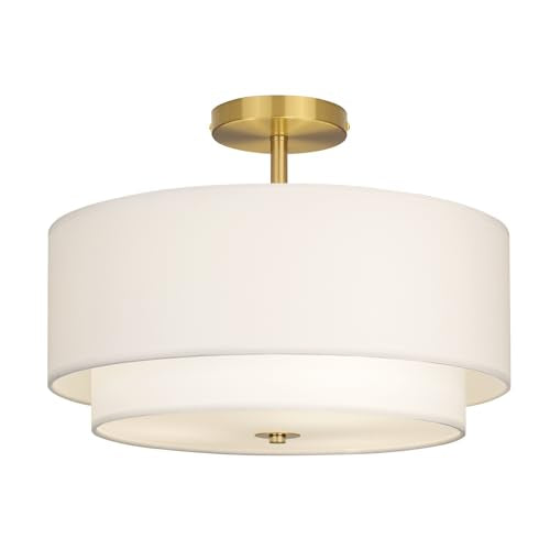 CALOKES 16" Gold Dual Drum Semi-Flush Ceiling Light with White Fabric Shade