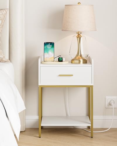 Nightstand with Charging Station, Modern Bedside Table Drawer and
