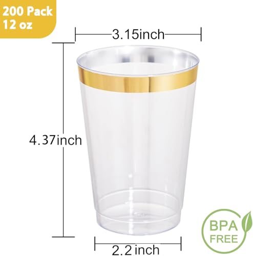 I00000 200 Pack 12 oz Gold Plastic Cups, Premium Rimmed Cups