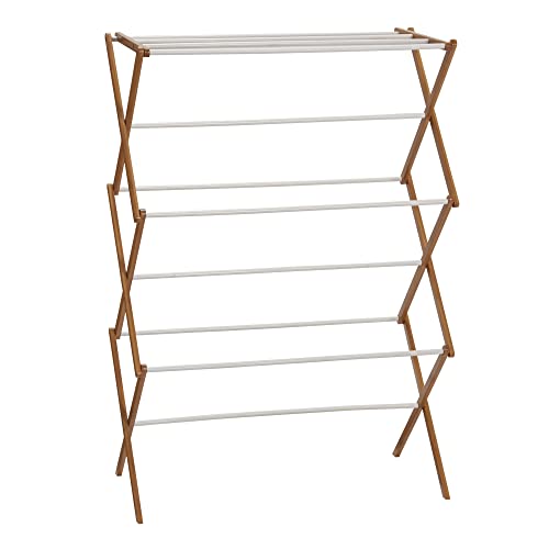 Household Essentials Bamboo Folding Clothes Drying Rack - Free Standing, White, 11 Dowels & Flat Shelf