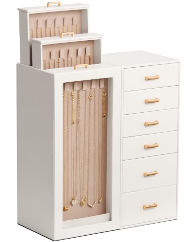 Lolalet Medium Beige Jewelry Box Organizer for Women - Holds 18 Necklaces & More
