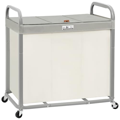Beige 3 Section Laundry Hamper with Lid and Wheels - Extra Large 230L Storage Basket