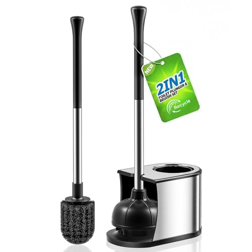 HAMITOR Stainless Steel Toilet Plunger & Brush Set A - Heavy Duty Unclogging Bathroom Tool