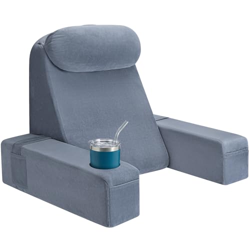 AS AWESLING 21 Inch Gray Reading Pillow with Detachable Arms & Built-in Cup Phone Caddy for Bed & Lounge