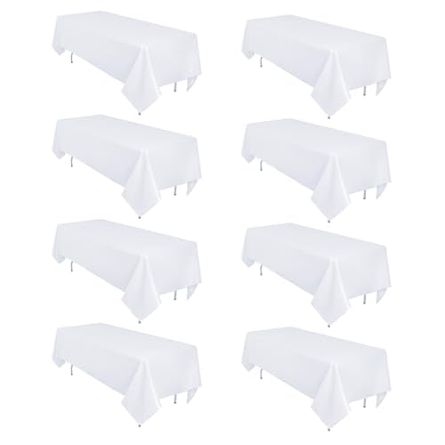 Heneger 8 Pack White Rectangular Table Cloth 60 x 126 Inch for 8ft Tables - Water Dyeing Polyester