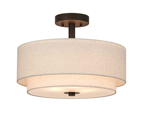 XiNBEi Lighting 16-Inch Dark Bronze Linen Drum Semi Flush Ceiling Light for Dining & Living Rooms