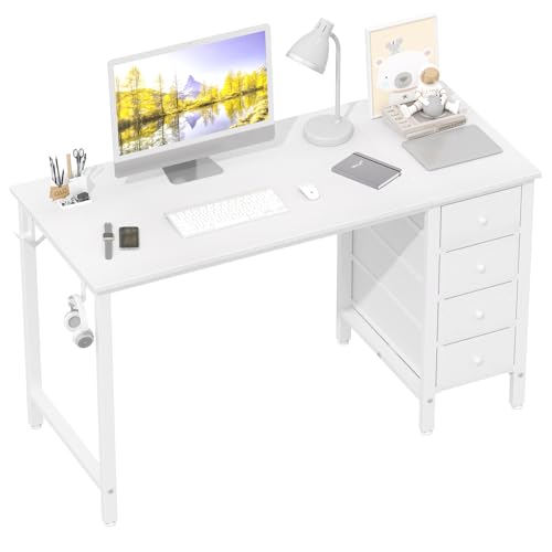 White Reversible Computer Desk with Fabric Drawer - 47.2 Inch Home Office Study Table