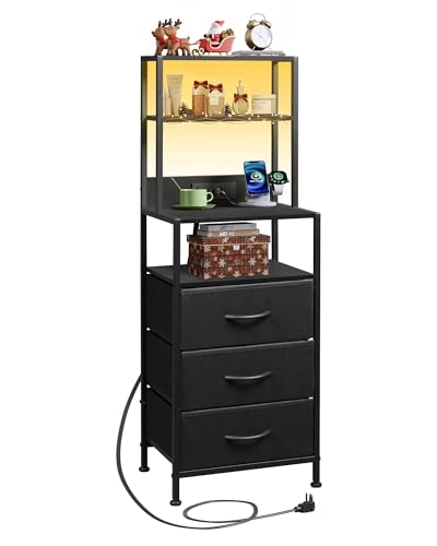 WLIVE 1 Piece Black Tall Nightstand with Charging Station & LED Lights, 3 Fabric Drawers & Open Shelves