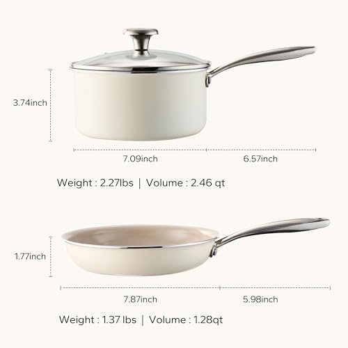 Mini Ceramic Cookware Set with 8-Inch Frying Pan & 2.5QT Saucepan - Beige, 3-Piece