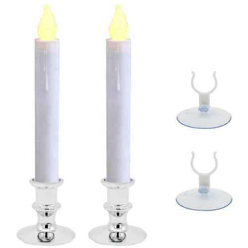 CVHOMEDECO. Window Candles with Suction Cups, Battery Operated LED Taper, Auto On/Off, Removable Silver Base, Flickering Warm Orange Flameless Lights Decor. (2 Pack)