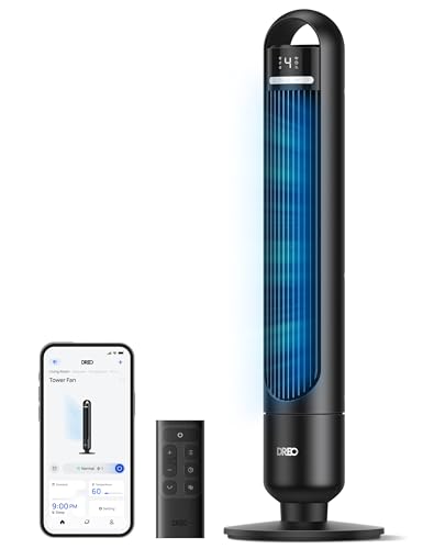 DREO Black Tower Fan for Bedroom & Room Cooling, 4 Speeds, 90° Oscillation, Remote & App Control