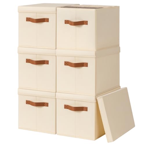 Fabric Storage Bins with Lids - 6 Pack Foldable Stackable Organizers for Home, Nursery, Dorm - Beige